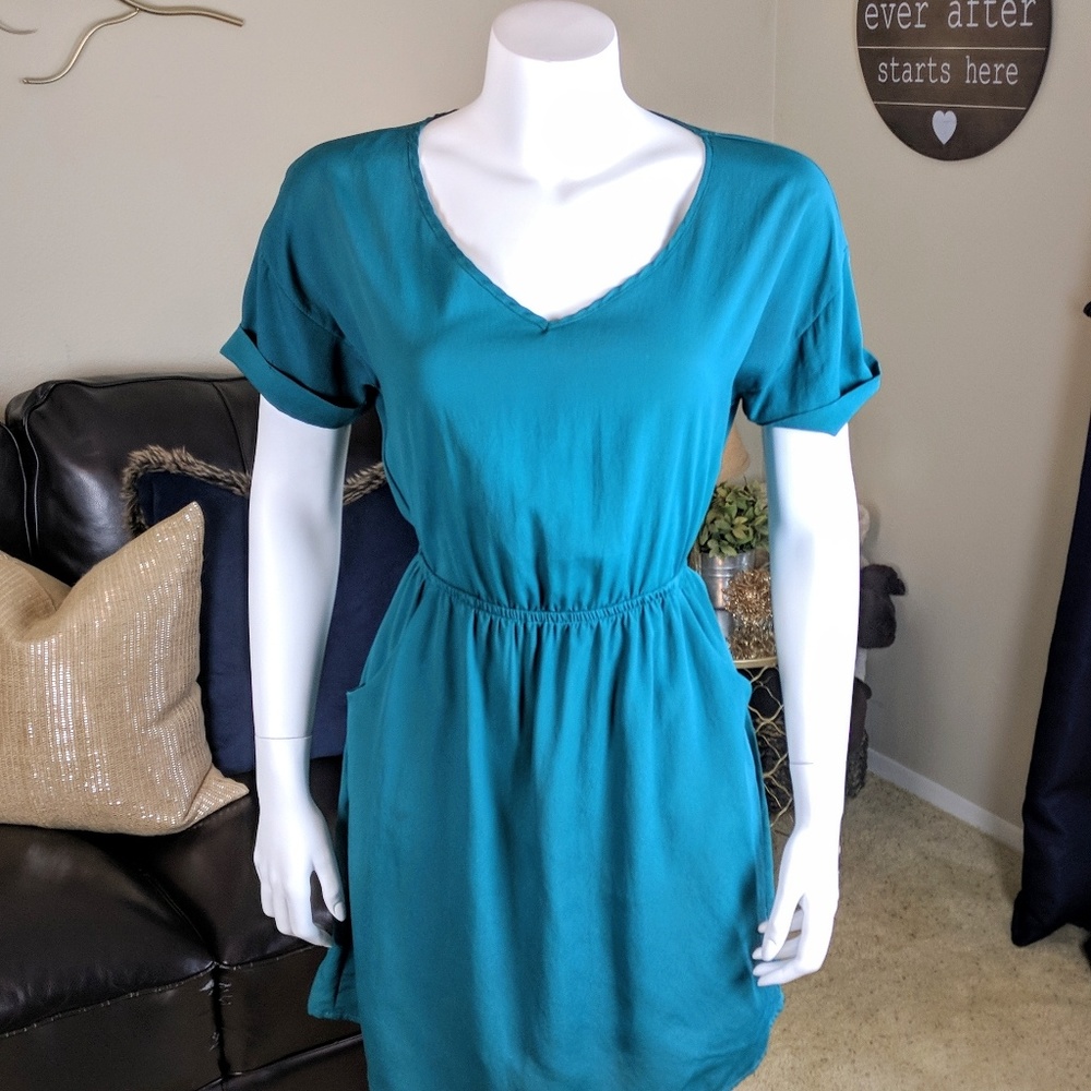 Lush Peacock Teal Elastic Waist Dress w/ Cutouts - Picture 3 of 8